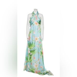 Carolina Herrera 100% Silk Floral Halter Maxi Dress in Light Blue and Green